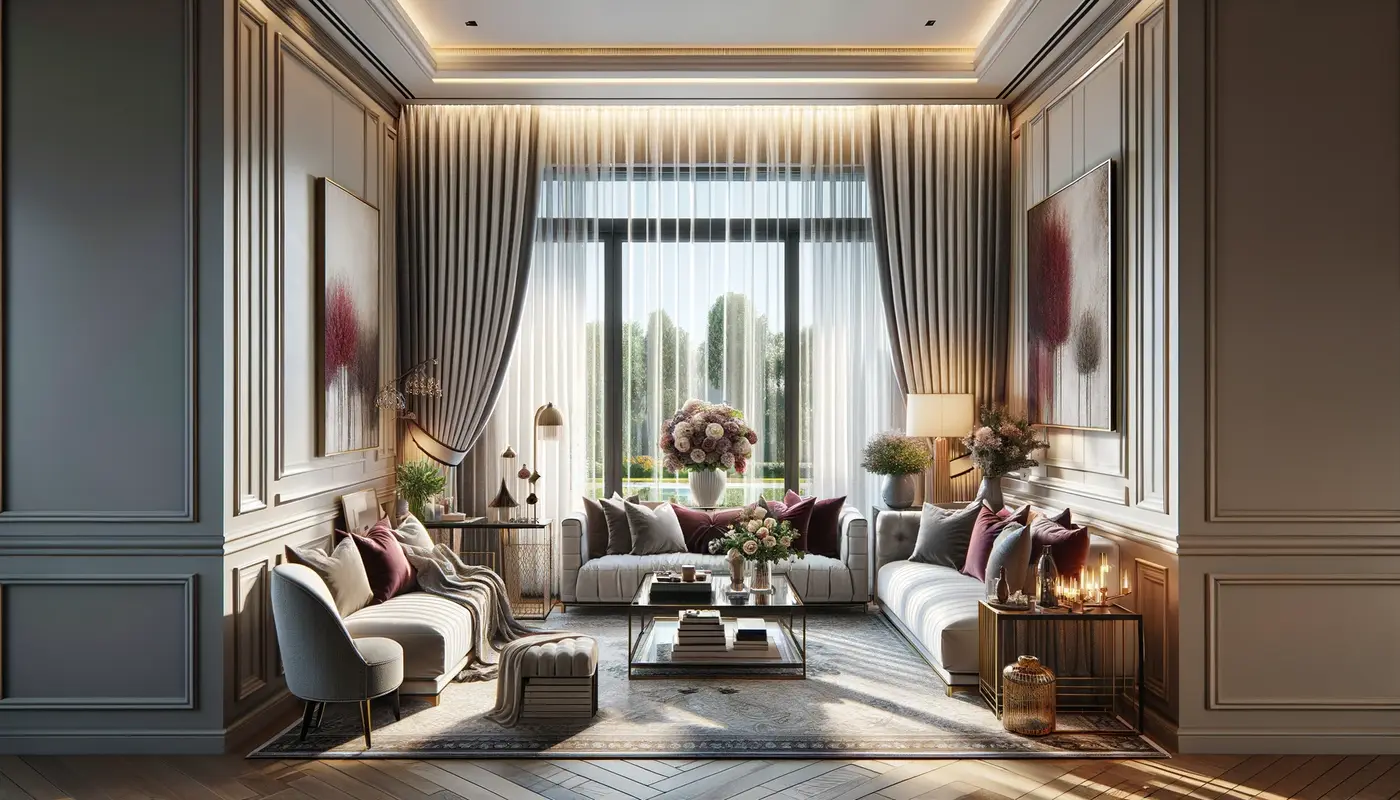 A-sophisticated-and-inviting-living-room-showcasing-a-perfect-pairing-of-curtains-and-blinds.-The-room-has-a-large-window-dressed-with-elegant-sheer